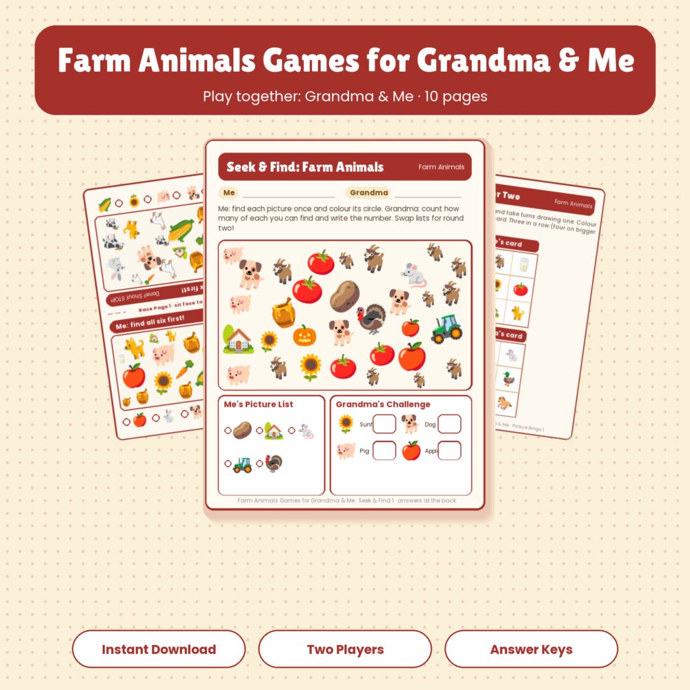 A Hearthplay pack: seek and find, race page and picture bingo for Grandma and Me